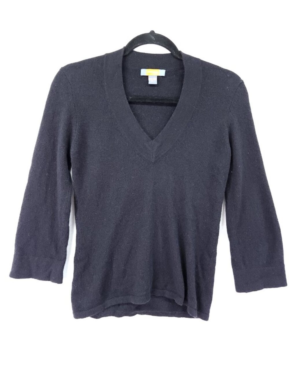 Forte Just Cashmere Black V-Neck Sweater Small S 100% Cashmere 3/4 Sleeve Knit